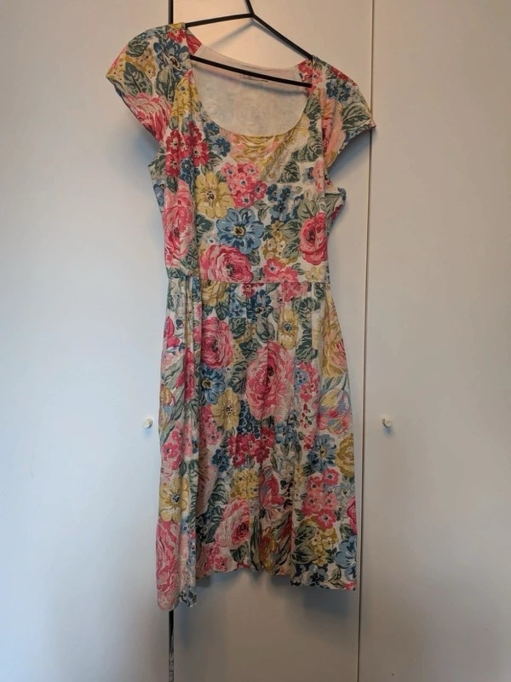Scoop-Neck Floral Midi Dress in Pink, Blue & Yellow